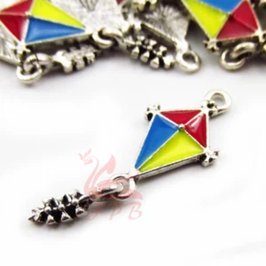 Flying Kite Charms - 1/2/5 Silver Plated Red Enamel 30mm Pendants EC6912G - Picture 1 of 6