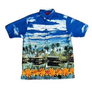 Mossimo Blue Festival Hawaiian Button Up Floral Shirt Vintage Camp Aloha size M - Picture 1 of 12