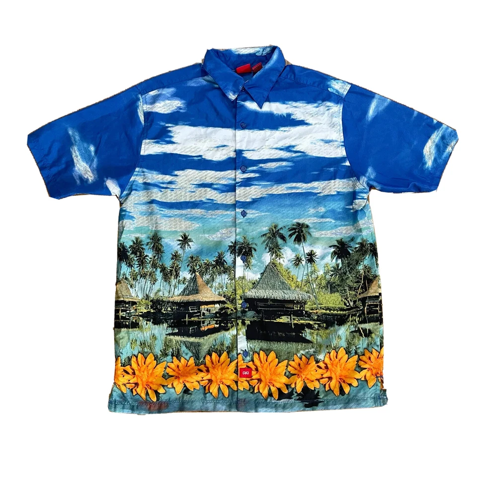 Mossimo Blue Festival Hawaiian Button Up Floral Shirt Vintage Camp Aloha size M - Image 1 of 4
