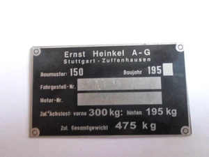 Heinkel Kabine Kabinenroller Typenschild 150 Roller Schild ID-plate s68 - Picture 1 of 1