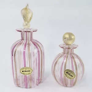 2 Murano Italy Glass Perfume Bottle Set Filigrana Pink Ribbon Stripe & Gold Tops - Picture 1 of 12