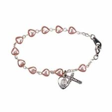 Religious Gifts First Communion Pink Heart Shape Bead Miraculous Medal Bracelet,