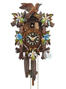 5 Leaf & Bird with Blue & White Flowers 1 Day Mechanical Carved Cuckoo Clock 22c - Picture 1 of 6