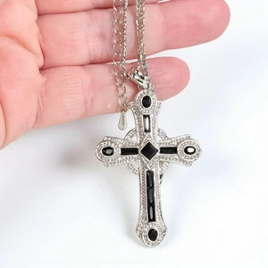 Collar Cruz Camrose Kross JBK Kennedy Tono Plata Vidrio Negro 21" Religioso - Imagen 1 de 12