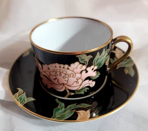 Fitz and Floyd Cloisonne Peony Black 2 Cups & 2 Saucers Perfect Condition - Picture 1 of 6