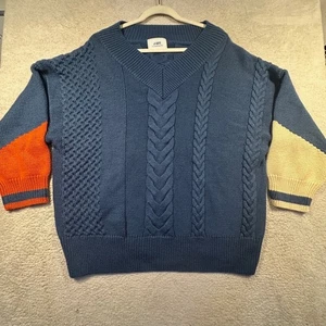 J.ING Blue V-Neck Cable Knit Sweater Color Block M/L Wool Blend Baggy Oversized - Picture 1 of 8