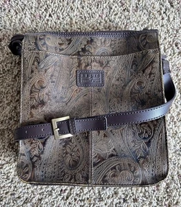 Vintage Y2K Relic Brown Leather Crossbody Purse Paisley Embossed Tooled - Picture 1 of 9