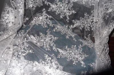 SILVER BEADED EMBROIDERED NET LACE FABRIC, BRIDAL LACE, SEQUINS, 137 CM width - image 1 of 4