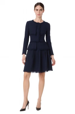 Valentino Wool Tweed Jacket Skirt Fringe Set Midnight Blue Suit Woven MED US 6 - Image 1 of 4