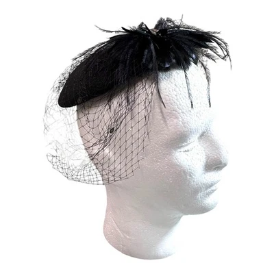 Black Feather & Net Fascinator Hat Crystal Accent Vintage 1950s Fancy Church - Image 1 of 4