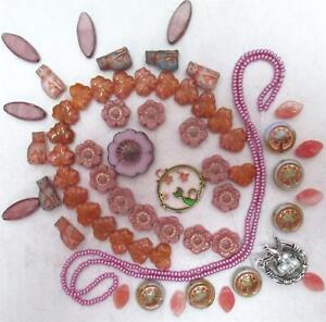 Peach CATS, Wild Rose Czech Glass Leaf, Spindle + Bird Nest Pendant Collection