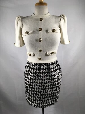 Vestido ADOLFO Saks Fifth Avenue Tejido Crema y Negro con Botones Dorados Talla Pequeña Foto 1 de 4