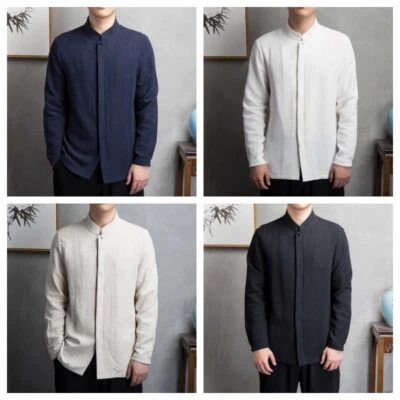 Men's Cotton Linen Shirts Tops Solid Long Sleeve Casual Chinese Traditional Slim - Image 1 of 4