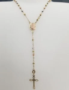 Real 10k Yellow Tri Tone Gold 20'' 3mm Rosary Cross Virgin Mary Chain Necklace - Picture 1 of 10