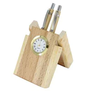Executive Noble Wooden Double Pen Stand with Clock Steamed Beech Wood - 7 Inches - Picture 1 of 6