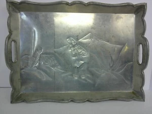 Vintage 1940s Mexican Silver Tin Serving Tray Etched Design Cactus 11x15.5 - Picture 1 of 4
