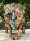 Hand Carved Mayan Wood Mask Warrior Pyramid Artwork Jaguar Snake Mexico Cedar 