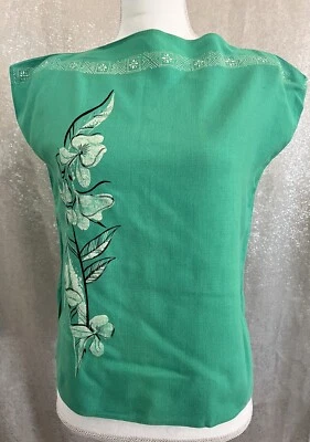 Винтажная квадратная блузка ручной работы с зеленым цветочным узором женская Xs небольшая льняная - Изображение 1 из 4