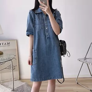 Denim Dress for Women Half Sleeve Casual Babydoll Button Down Jean Shirt Dresses - Picture 1 of 7