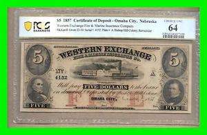 1857 Western Exchange $5 Certificate of Deposit - PCGS Choice 64 - UNC - Rare - Picture 1 of 3