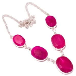 Red Ruby Oval Facet Gemstone Silver Overlay Handmade Statement Chain Y Necklace - Picture 1 of 4
