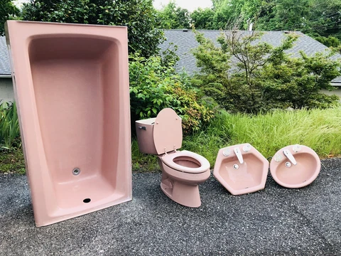 Vintage Mid Century - Pink Kohler Bathroom Set Bath Tub Toilet & Cast Iron Sinks Cover