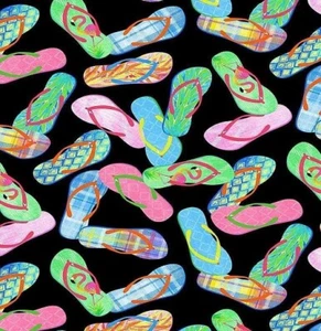 PATTERNED FLIP FLOPS BLACK Cotton Print by Timeless Treasures BTY - Picture 1 of 1