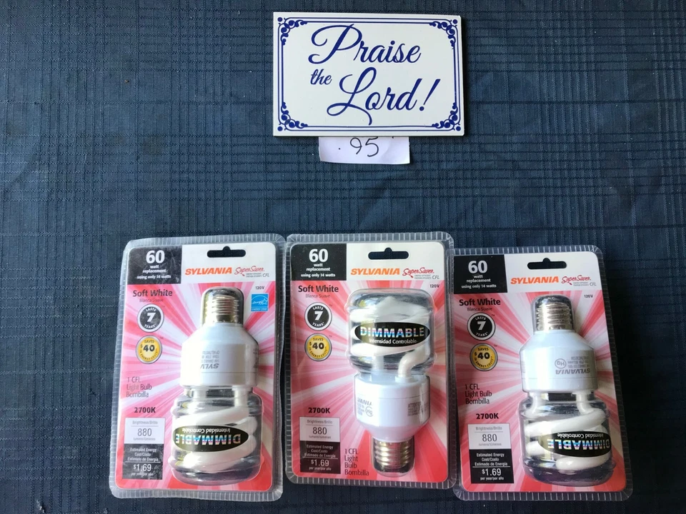 3- Sylvania CFL Soft White Bulbs - 60W =14w  Cfl    CF14EL              #95 - Image 1 of 1