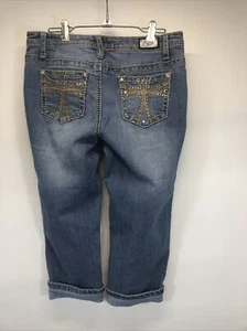 Earl Jeans Capri Size 6 Cuffed Embellished Stretch Blue Denim Pocket Cross - Picture 1 of 7