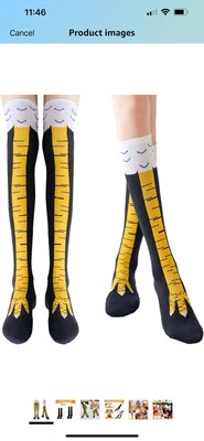 Divertidos calcetines de pierna de pollo (alto el muslo) negros y amarillos Foto 1 de 3