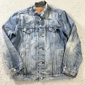 Levis Denim Jacket Mens XL Blue Trucker Button Front Faded Distressed Red Tab - Picture 1 of 9