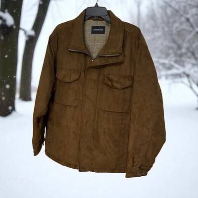 London Fog Suede Like Jacket Coat Men Size L Dark Brown Quilt Lined Zip Front  - Image 1 of 4