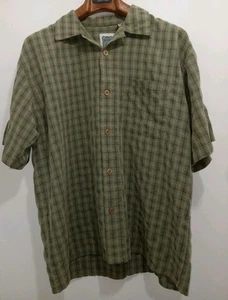 Vintage Mens Ocean Current Button Up Green Black Plaid Short Sleeve Shirt Small - Picture 1 of 6