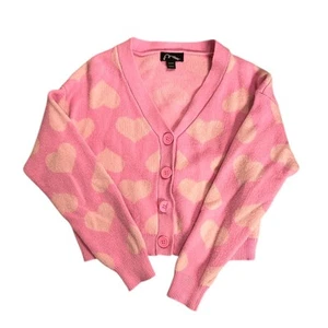 Art Class Heart Button Down Valentines Day Cardigan Pink Cream Size S (6/6X) - Picture 1 of 2