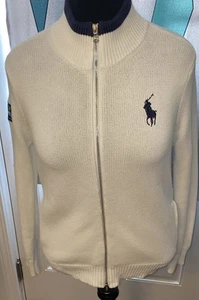 Ralph Lauren Sz L “US OPEN” Full Zip Up Pockets White Cardigan Sweater - Picture 1 of 14