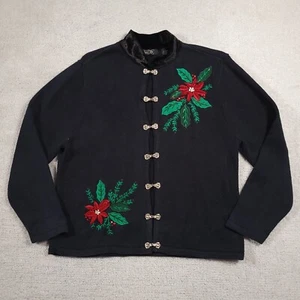 Vintage 90’s Crystal Kobe Knit Embroidered Cardigan Women's Large Black Winter - Picture 1 of 15