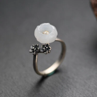 I05 Anello Due Piccole Fiori Argento 925 Fiore In Giada Bianca Regolabile - Immagine 1 di 4