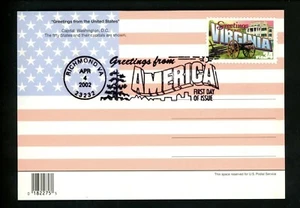 US FDC 2002 Greetings America #3606 Virginia VA Flag Map Large Letter Postcard - Picture 1 of 2