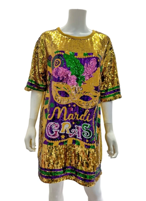 Women's Gold Mardi Gras Sequin Dress - Image 1 of 4