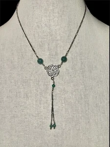 Vintage Green Jade Nephrite Jadeite Bead Sterling Silver 925 Y Necklace - Picture 1 of 5