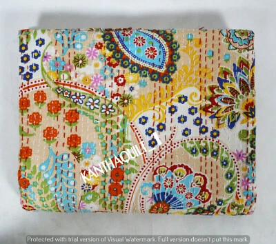 HANDMADE Cotton Kantha Quilt Twin Size Blanket Beige Paisley Print Bohemian Bedding Throw