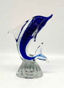 Cobalt Blue Clear Blown Glass Controlled Bubbles Jumping Dolphin Figure - Picture 1 of 18
