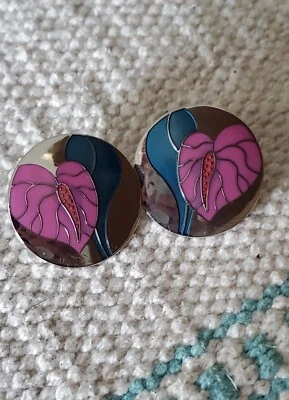 LAUREL BURCH Vintage Anthurium Flower Post Earrings Silvertone Teal Blue Purple - Image 1 of 4