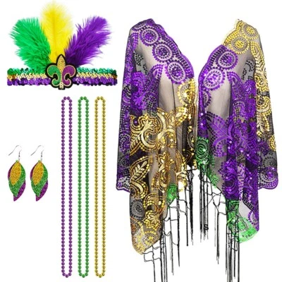 Mardi Gras Shawl Scarf Costume Outfit for Women Feather Headband Earrings Beads - Image 1 of 4