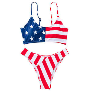 Women 4th of July Patriotic USA American Flag Bikini Swimsuit Two Piece Swimwear