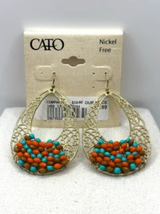 Cato Filigree Teardrop Orange Blue Brown Bead Wrapped Dangle Hoop Earrings NWT - Picture 1 of 18