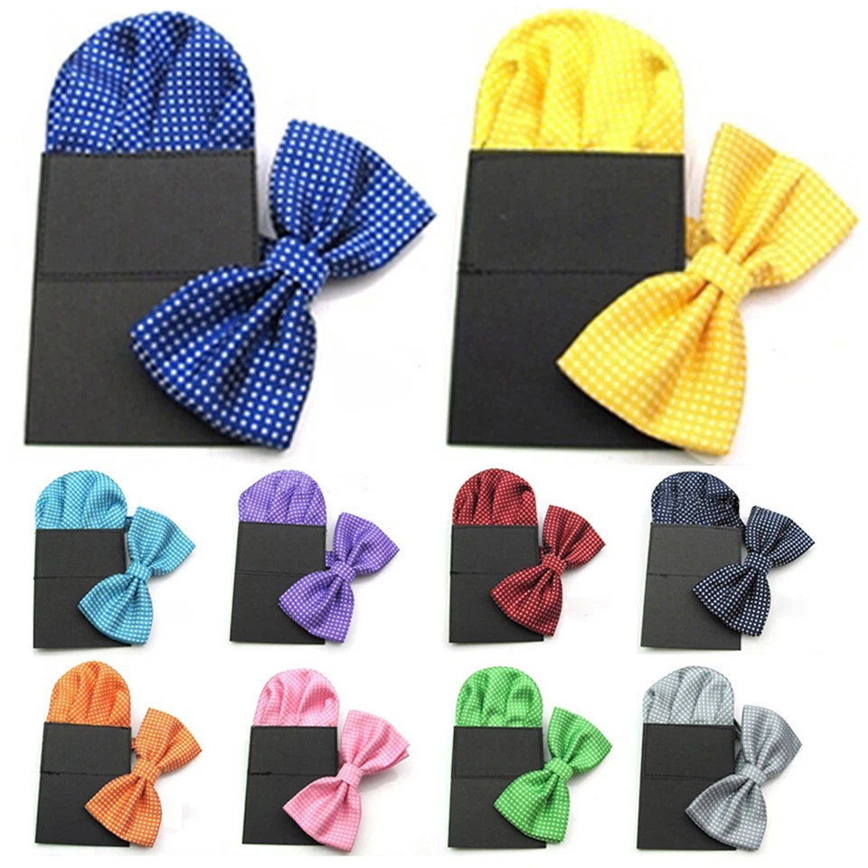 Men Classic White Polka Dots Wedding Bowtie Bow Tie Pocket Square Hanky Set - Image 1 of 1