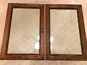 ANTIQUE SALVAGED WOOD FRAME SLIDING GLASS DOORS - SET of 2 - OAK FRAME / GLASS - Picture 1 of 13
