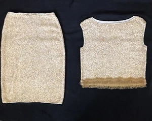 HENRI BENDEL VTG BEADED FRINGE WOOL SKIRT SET HAND SEWN IVORY GOLD Sz M DIVINE! - Picture 1 of 16