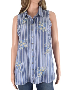 Aratta Silent Journey Sleeveless Shirt Size S Blue Striped Embroidered Floral - Picture 1 of 19